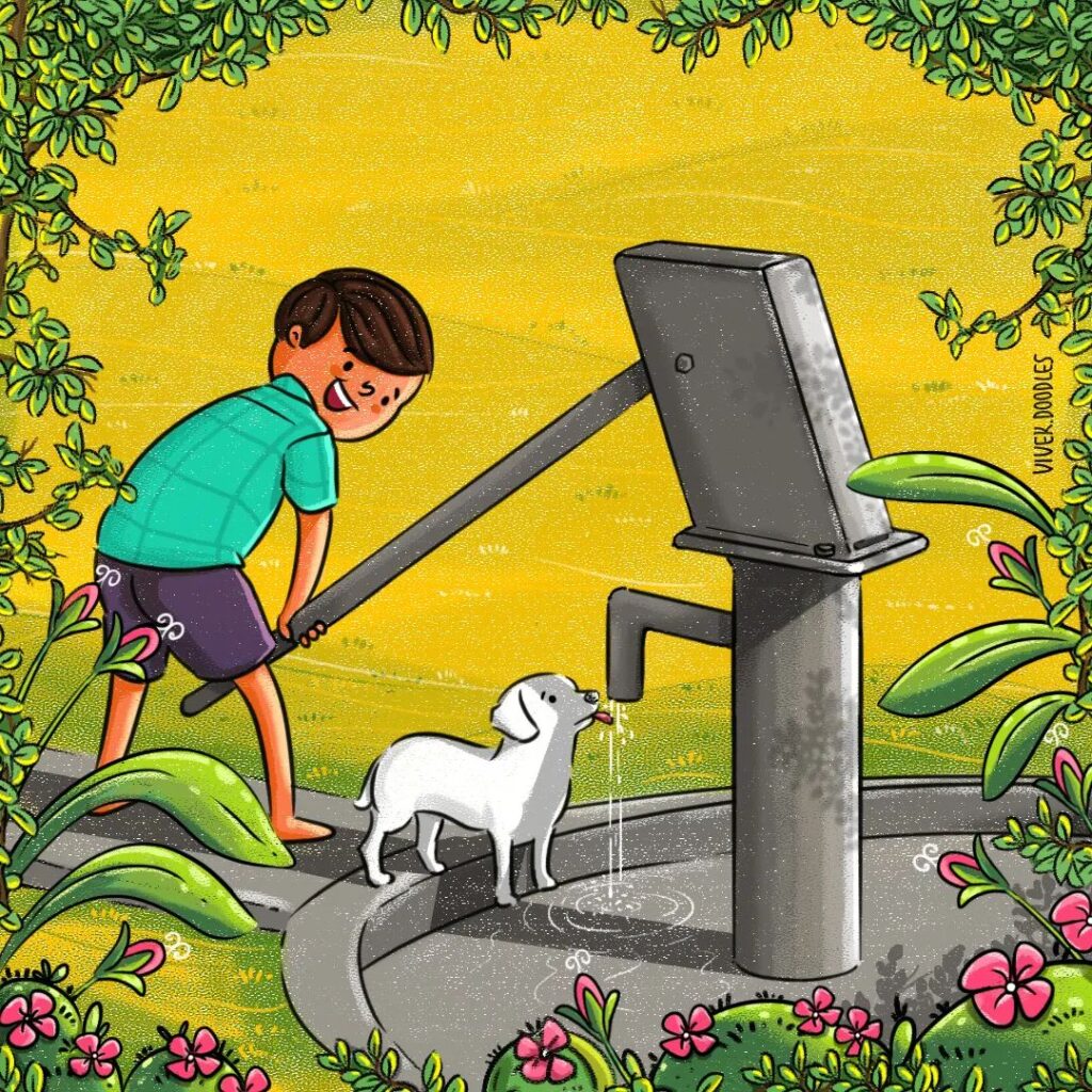 A little boy draws water from a hand pump for the thirsty doggo...